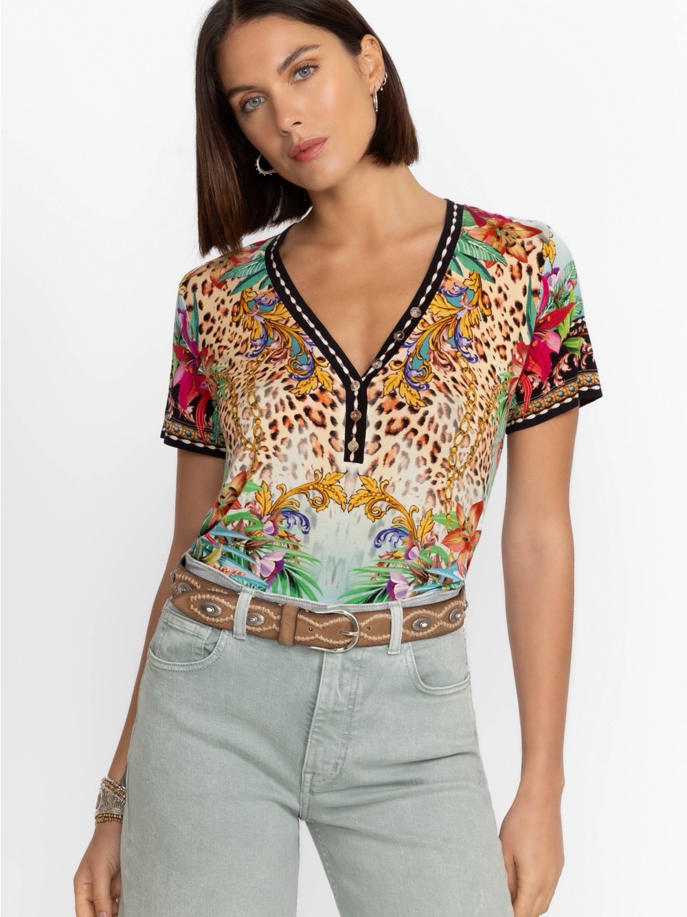 JOHNNY WAS THE JANIE FAVORITE SHORT SLEEVE HENLEY TEE